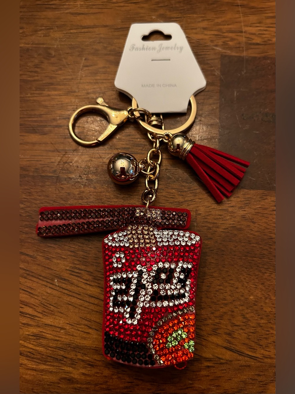 Fashion Jewelry Red Rhinestone Ramen Noodles Keychain & Bag Charm Gold Hardware